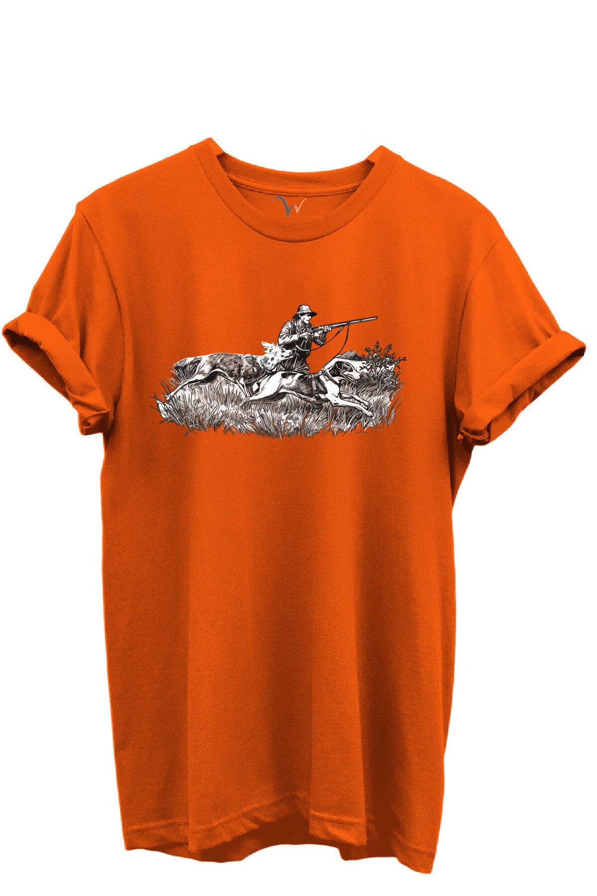 Outdoor Avcılık Avcı ve Tazı Köpek Desenli %100 Pamuk Regular Fit Bisiklet Yaka Unisex T-shirt Turuncu - M