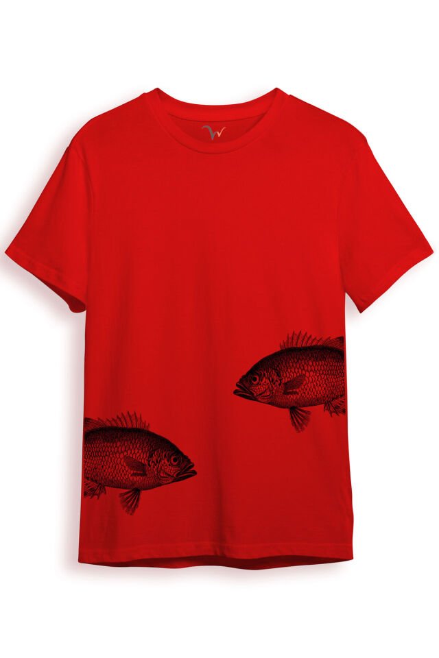Sanatsal Balık Desenli Sade ve Modern Tasarım Dijital Baskılı %100 Pamuk Regular Fit Unisex T-Shirt Kırmızı - 3XL