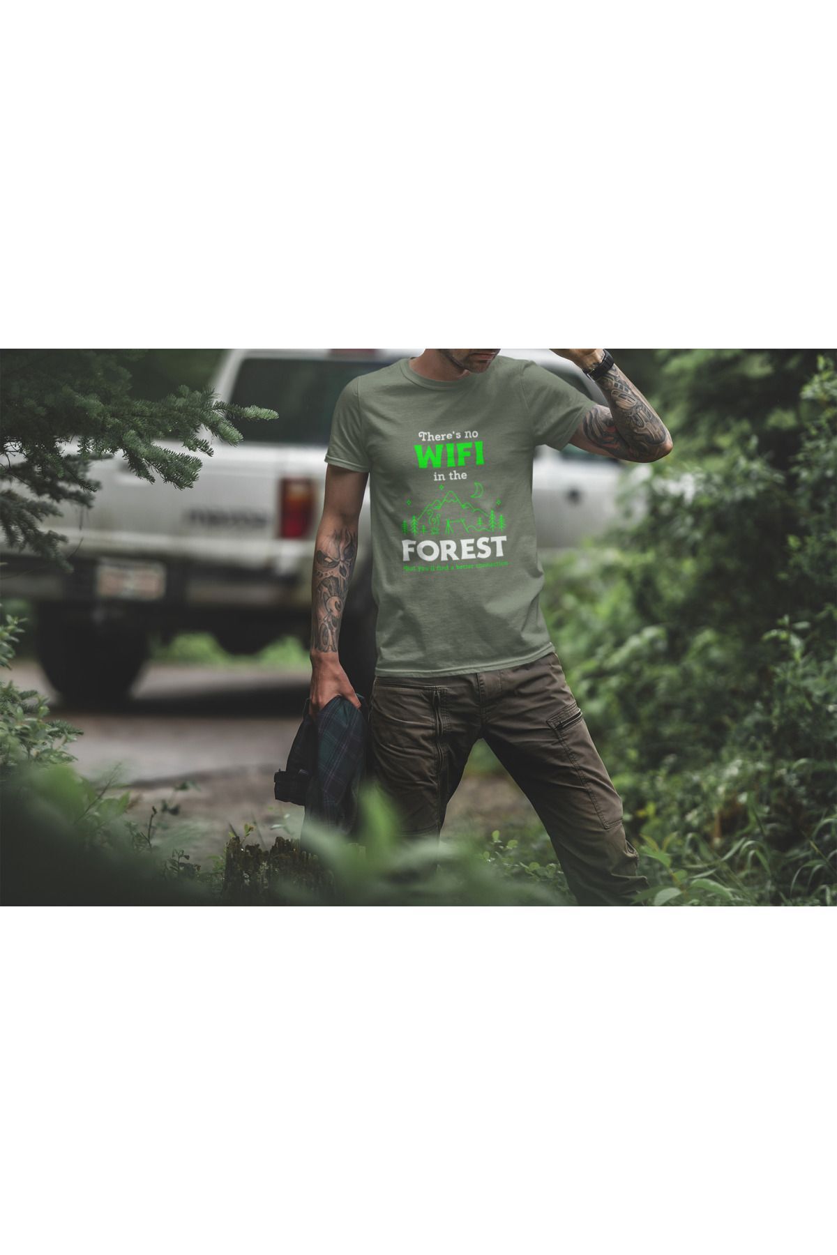 Outdoor Doğa Kamp No Wifi Tasarım Baskılı %100 Pamuk Regular Fit Beyaz T-shirt Haki - S