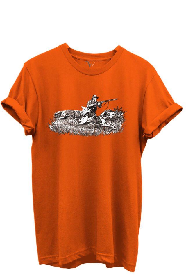 Outdoor Avcılık Avcı ve Tazı Köpek Desenli %100 Pamuk Regular Fit Bisiklet Yaka Unisex T-shirt Turuncu - S