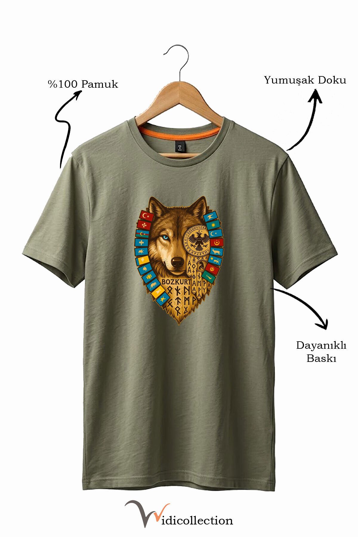 Bozkurt Göktürk Alfabeli ve Türk Devletleri Bayrakları Baskılı %100 Pamuk Regular Fit T-shirt Haki - XL