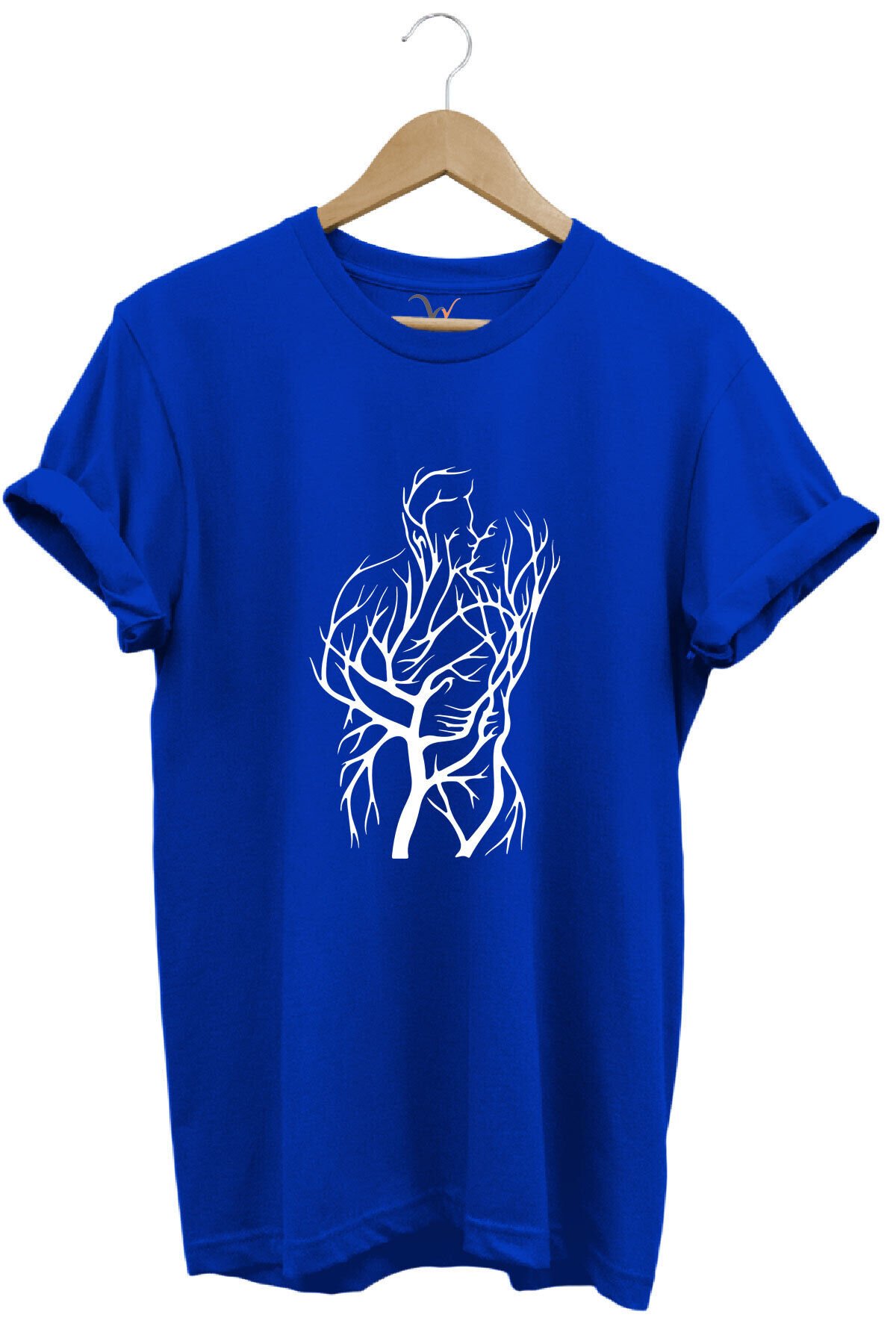 14 Şubat Sevgililer Günü Sarılan Çift Baskılı %100 Pamuk Regular Fit Bisiklet Yaka Haki T-shirt Mavi - XL