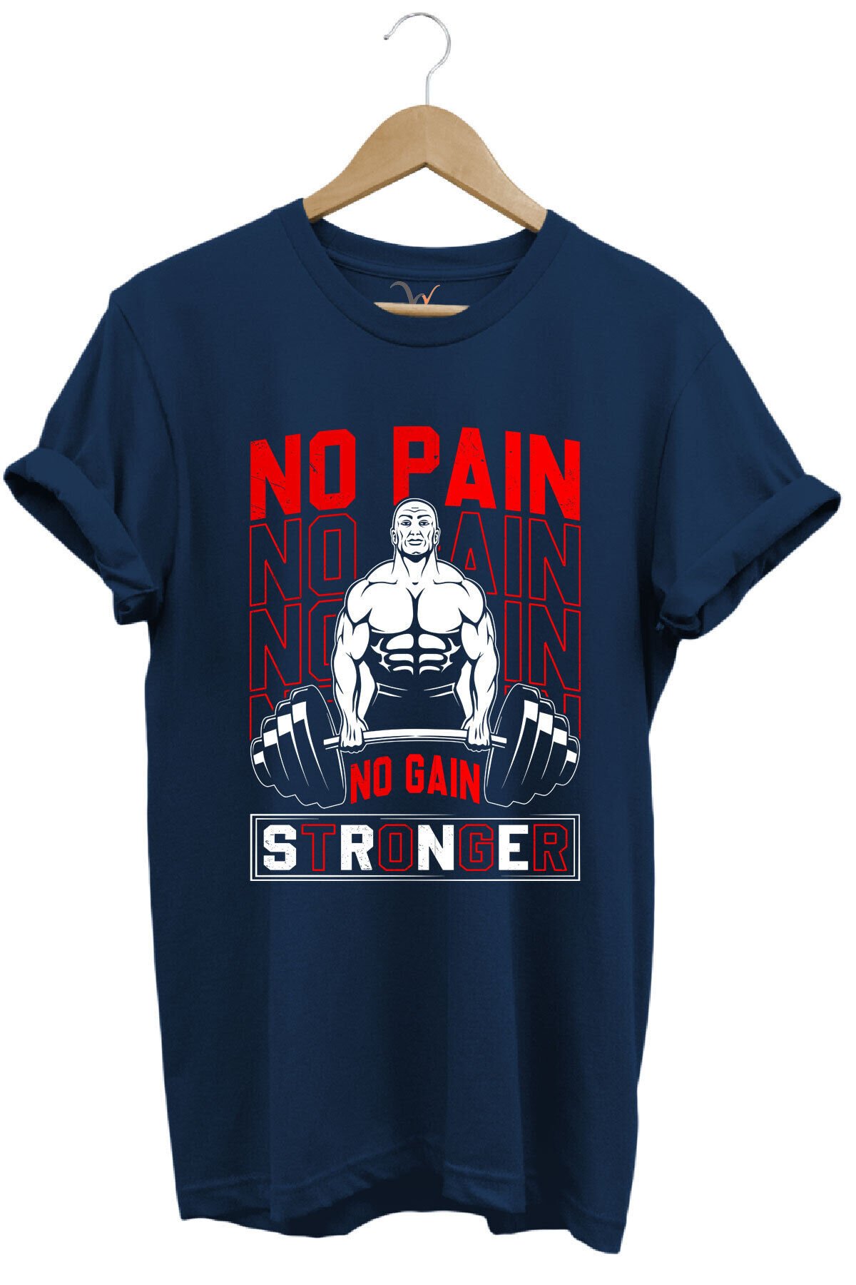 Gym Sporcu Fitness No Pain No Gain Dumbell Tasarım Baskılı %100 Pamuk Regular Fit Mavi T-shirt Lacivert - XL