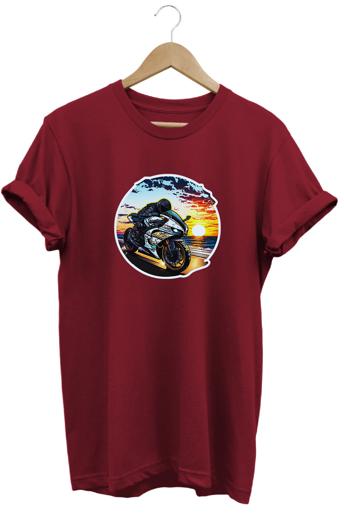 Unisex Motosiklet Temalı Grafik Baskılı Bisiklet Yaka Tişört T-shirt Bordo - XL