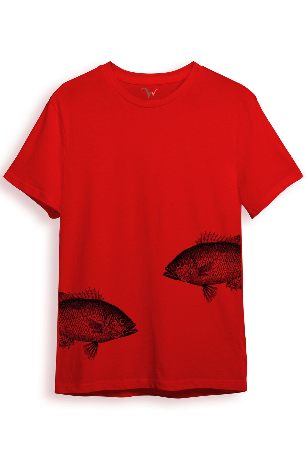 Sanatsal Balık Desenli Sade ve Modern Tasarım Dijital Baskılı %100 Pamuk Regular Fit Unisex T-Shirt Kırmızı - S