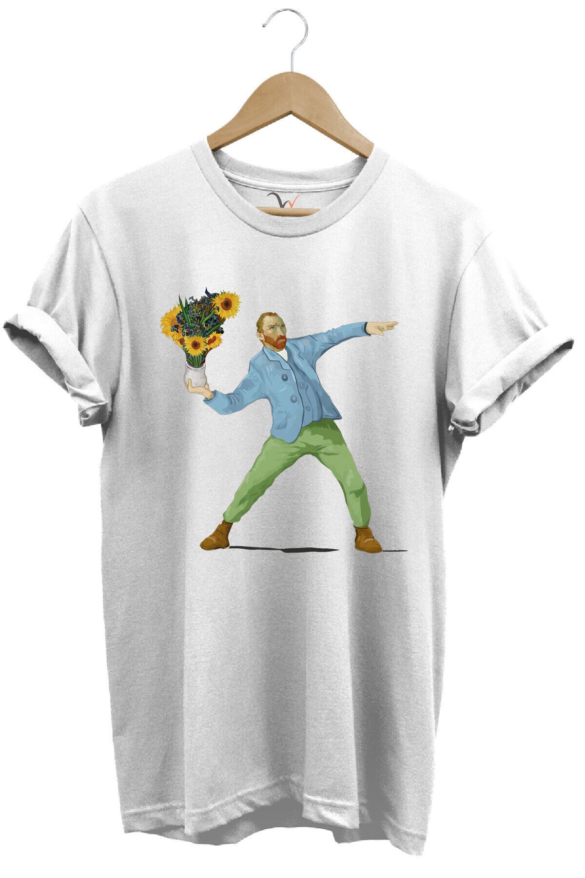 Sanatsal Portre Tasarım Baskılı ve Çiçekler %100 Pamuk Regular Fit Bisiklet Yaka T-shirt Beyaz - 2XL
