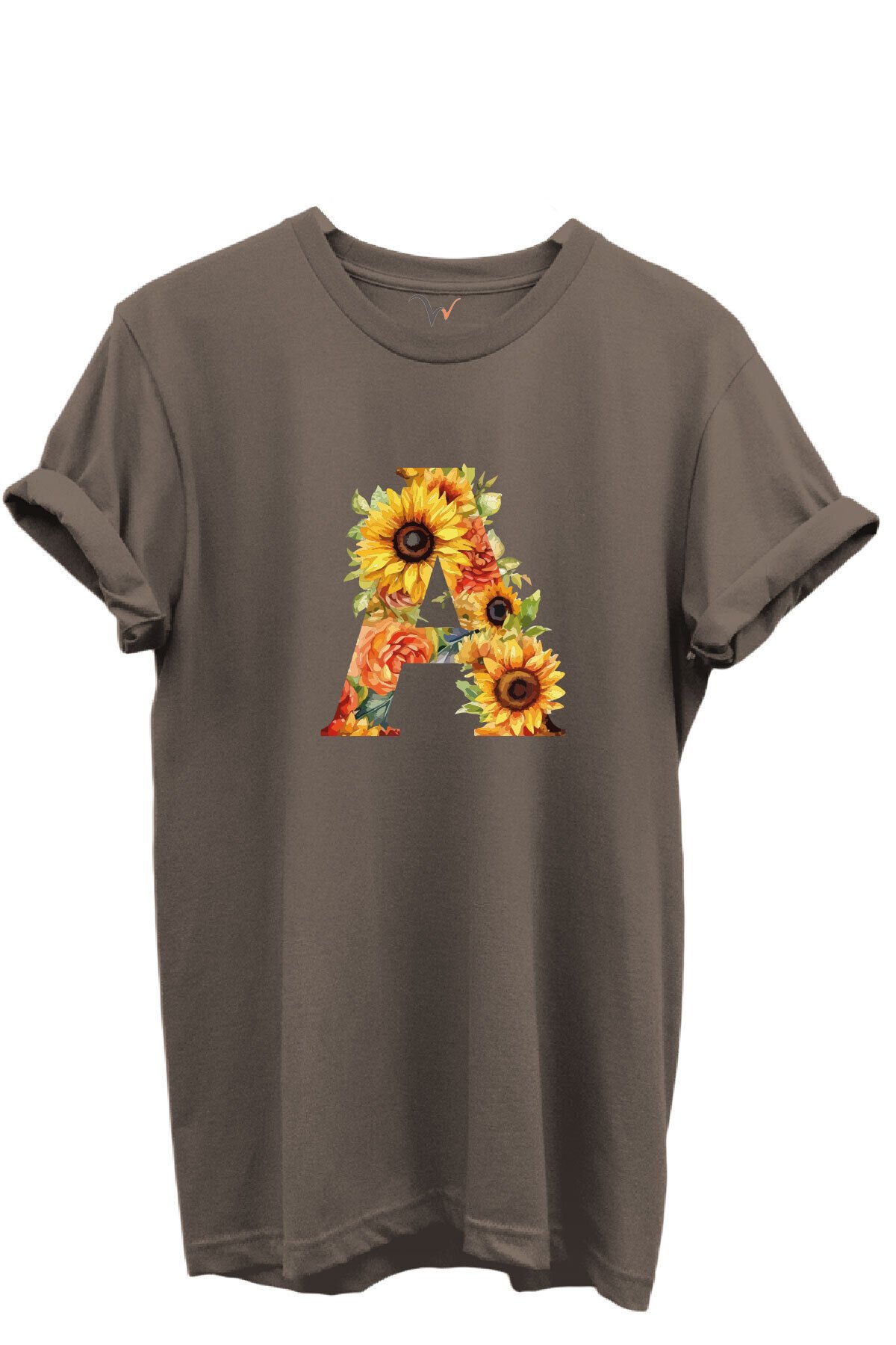 Ayçiçek Desenli “A” Harfi Baskılı %100 Pamuk Regular Fit Unisex T-Shirt Kahverengi - M