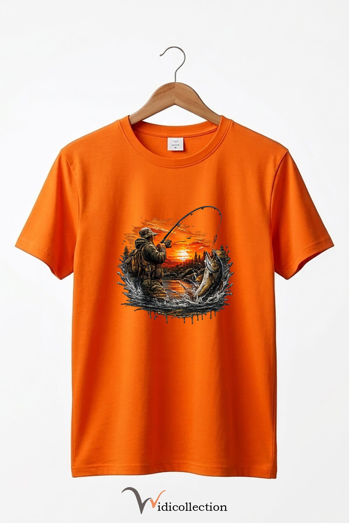 Pike Balığı Balıkçı Pike Gün Batımı ve Doğa Manzaralı Sportif Outdoor %100 Pamuk Basic T-Shirt Turuncu - L