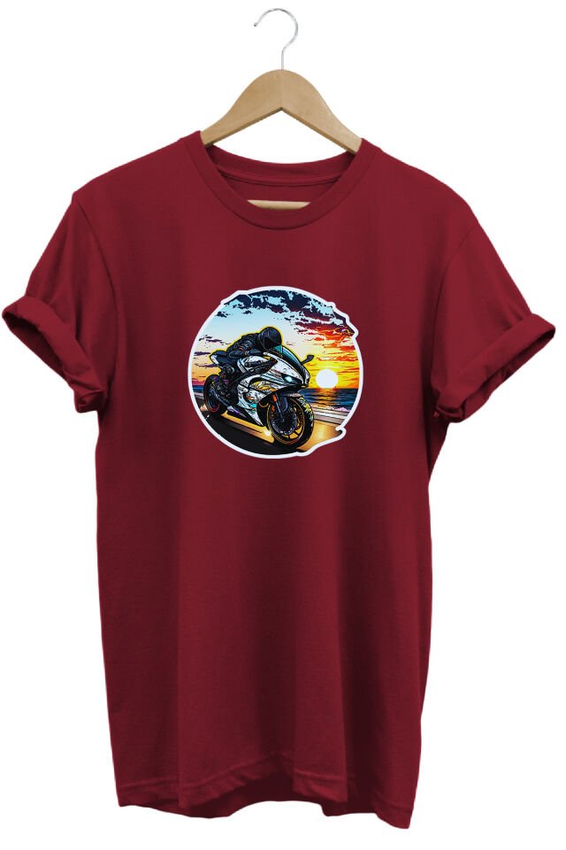 Unisex Motosiklet Temalı Grafik Baskılı Bisiklet Yaka Tişört T-shirt Bordo - S