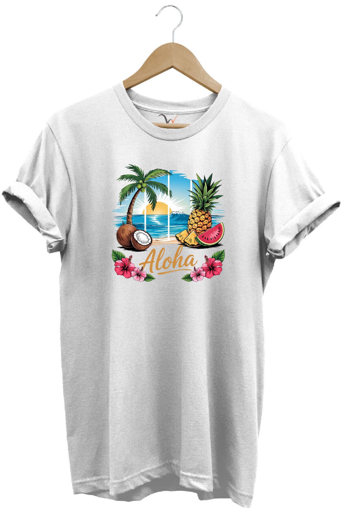 Summer Vibes Aloha Yazılı Hindistan Cevizi Yaz Kumsal Baskılı %100 Pamuk Unisex Regular Fit T-Shirt Beyaz - M