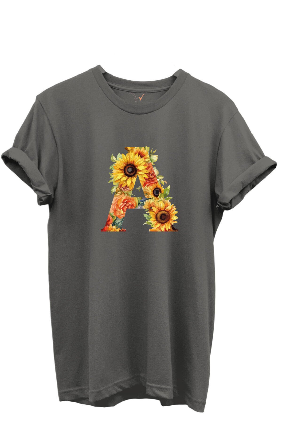 Ayçiçek Desenli “A” Harfi Baskılı %100 Pamuk Regular Fit Unisex T-Shirt Gri - S