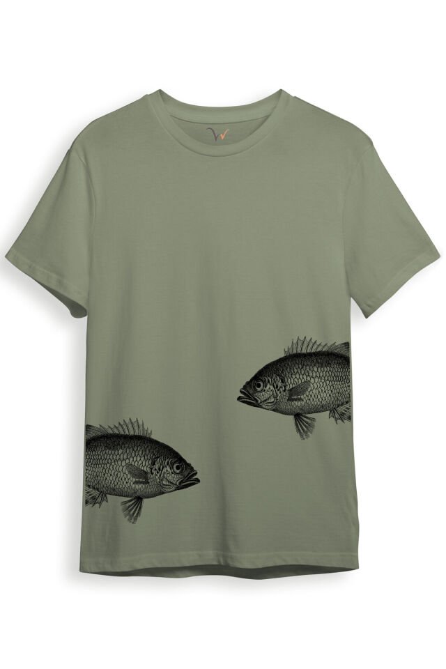 Sanatsal Balık Desenli Sade ve Modern Tasarım Dijital Baskılı %100 Pamuk Regular Fit Unisex T-Shirt Haki - S