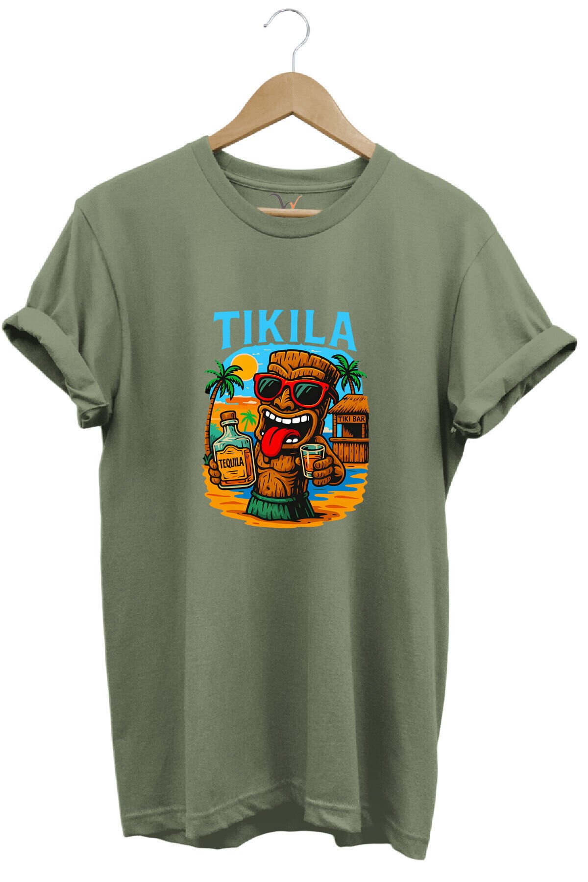 Summer Yazlık Tekila Yazı Baskılı %100 Pamuk Regular Fit Premium Mavi T-shirt Haki - M