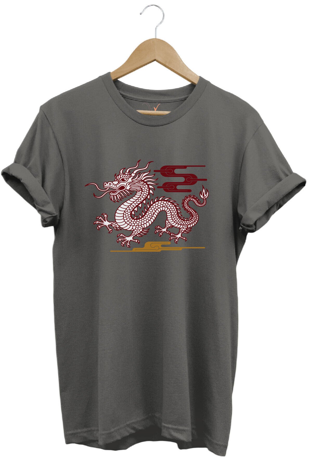 Mitolojik Asya Çin Ejderha Baskılı %100 Pamuk Regular Fit Bisiklet Yaka Gri T-shirt Gri - S