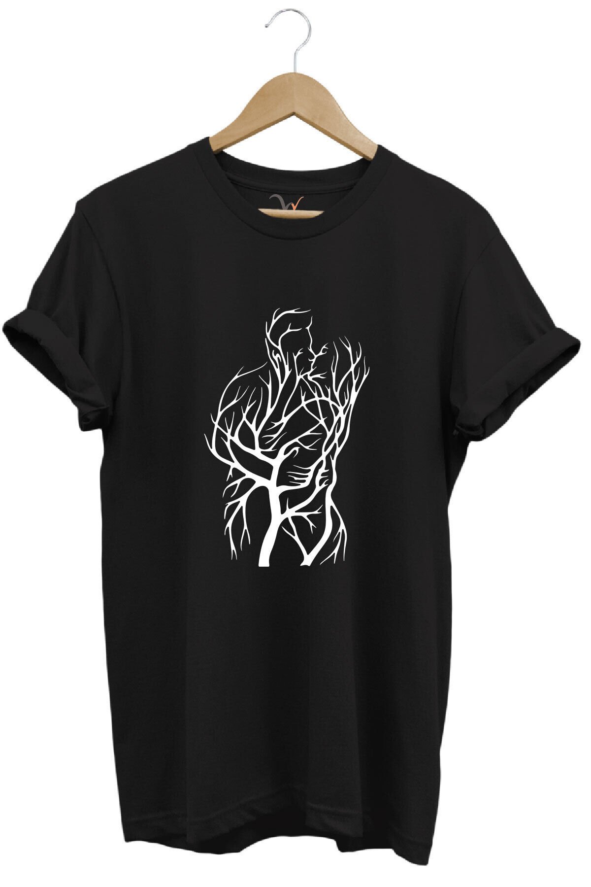 14 Şubat Sevgililer Günü Sarılan Çift Baskılı %100 Pamuk Regular Fit Bisiklet Yaka Haki T-shirt Siyah - 5XL