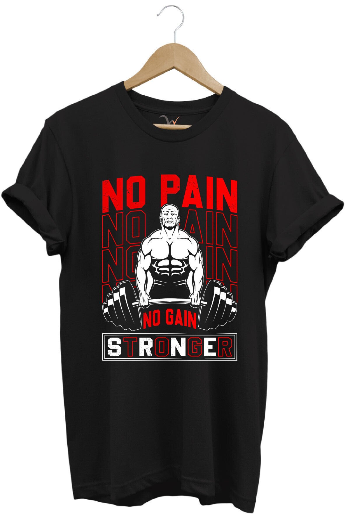 Gym Sporcu Fitness No Pain No Gain Dumbell Tasarım Baskılı %100 Pamuk Regular Fit Mavi T-shirt Siyah - XL