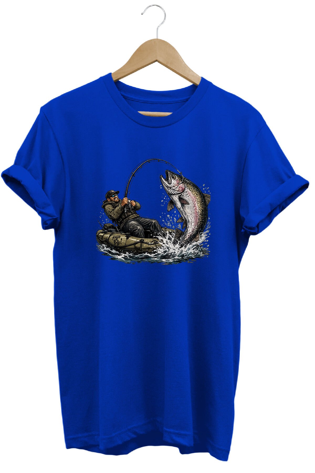 Sportif Balıkçılık ve Olta Baskılı Doğa Tişörtü Outdoor Kamp Giyimi Saks Mavi - 2XL