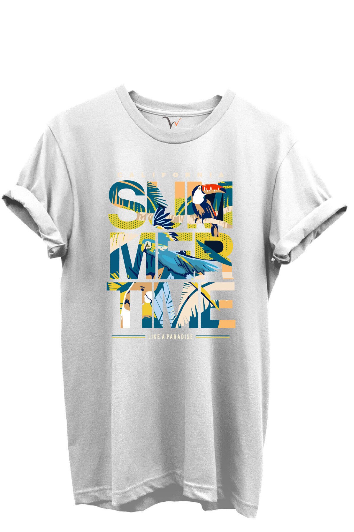 California Summertime ve Tropikal Papağan ve Palmiye Desenli %100 Pamuk Regular Fit Unisex T-Shirt Beyaz - XL
