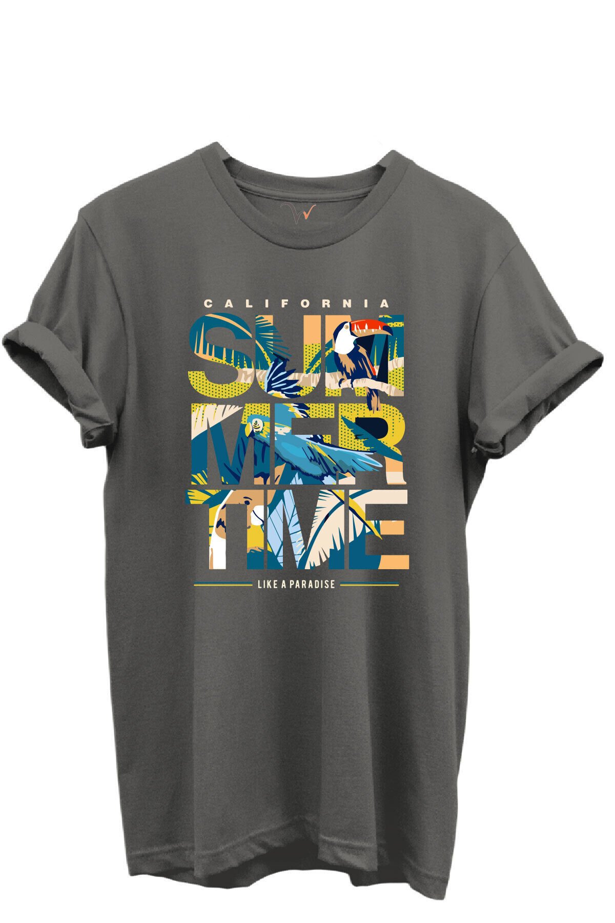 California Summertime ve Tropikal Papağan ve Palmiye Desenli %100 Pamuk Regular Fit Unisex T-Shirt Gri - M