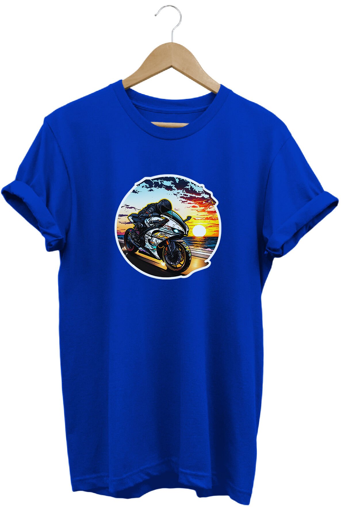 Unisex Motosiklet Temalı Grafik Baskılı Bisiklet Yaka Tişört T-shirt Saks Mavi - L