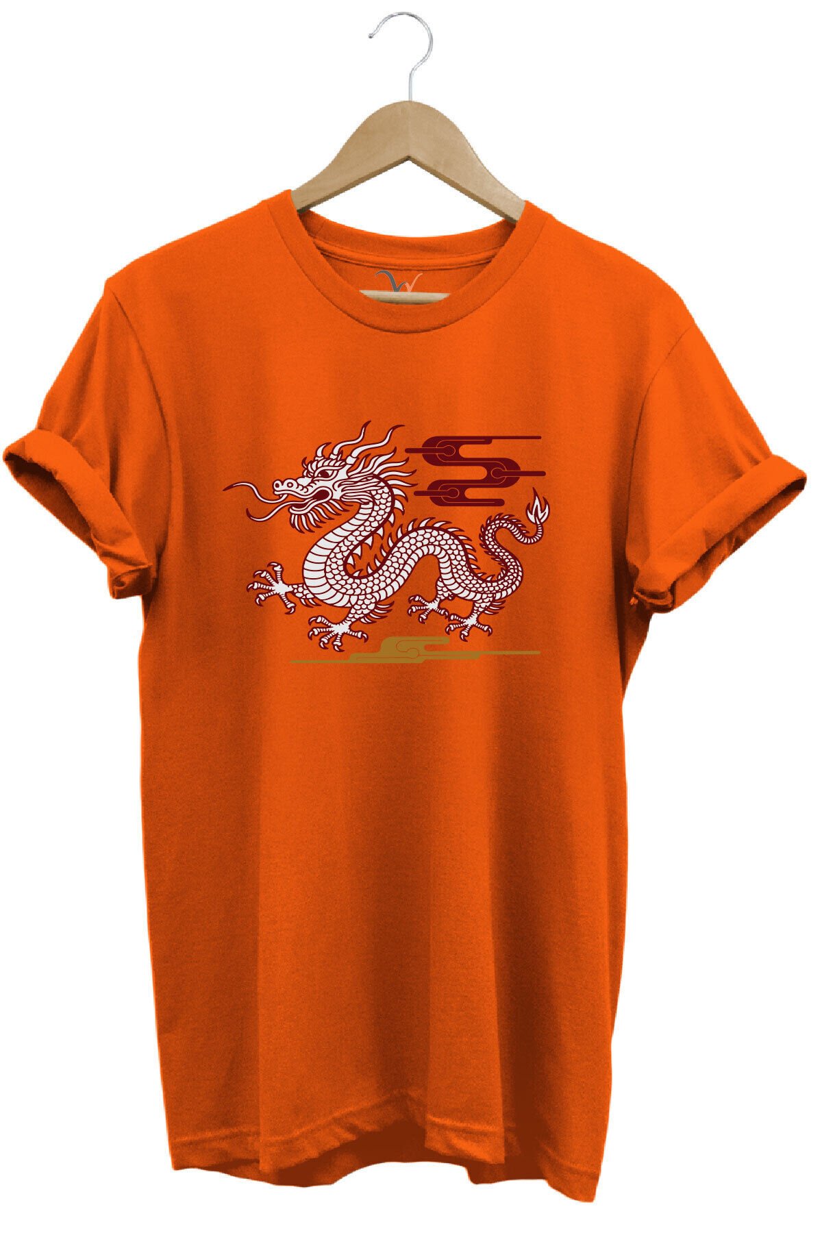 Mitolojik Asya Çin Ejderha Baskılı %100 Pamuk Regular Fit Bisiklet Yaka Gri T-shirt Turuncu - L