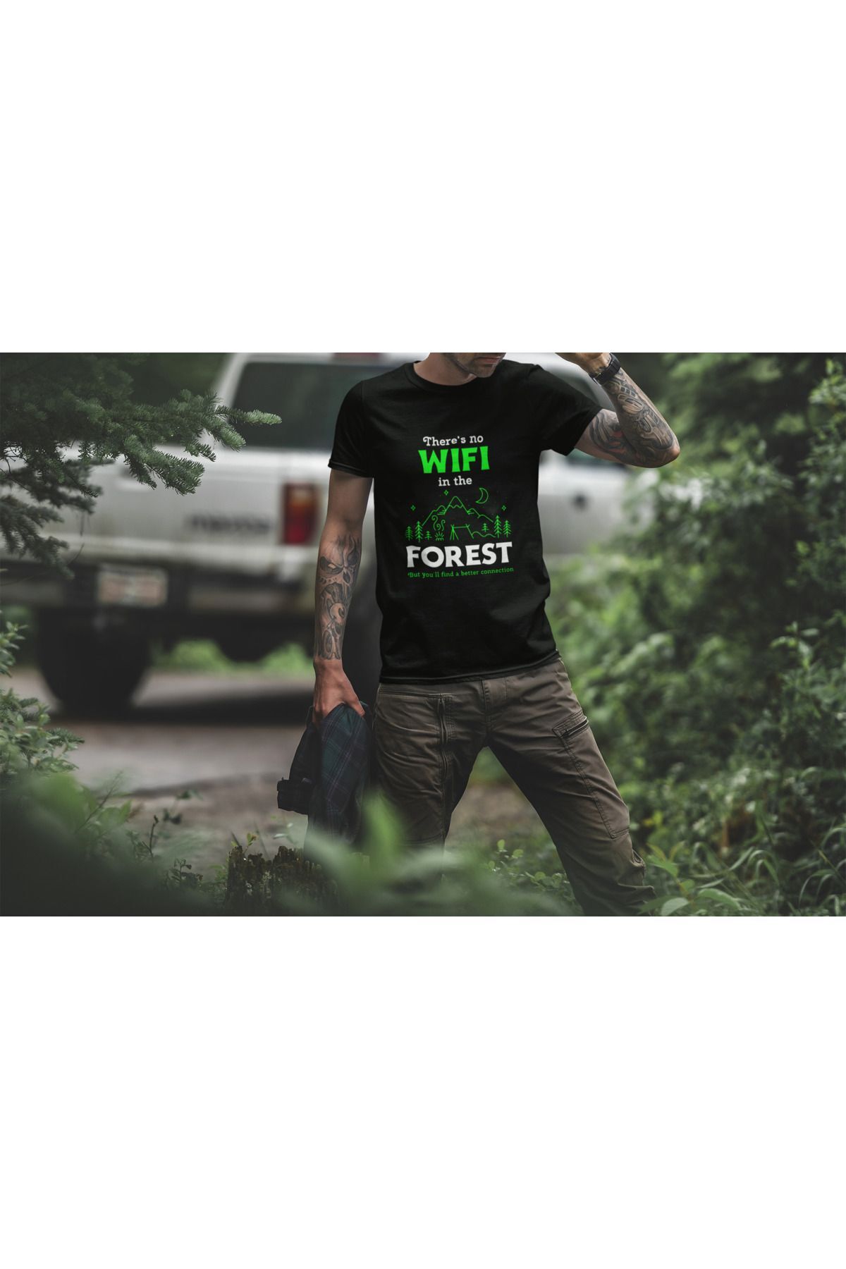 Outdoor Doğa Kamp No Wifi Tasarım Baskılı %100 Pamuk Regular Fit Beyaz T-shirt Siyah - 5XL