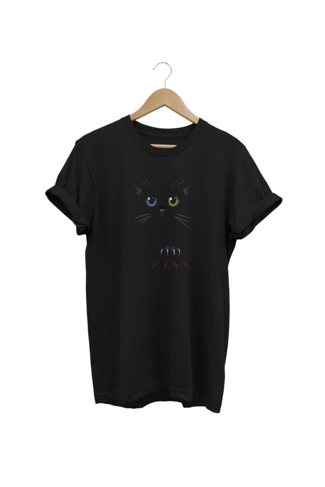 Kedi Baskılı Siyah T-shirt