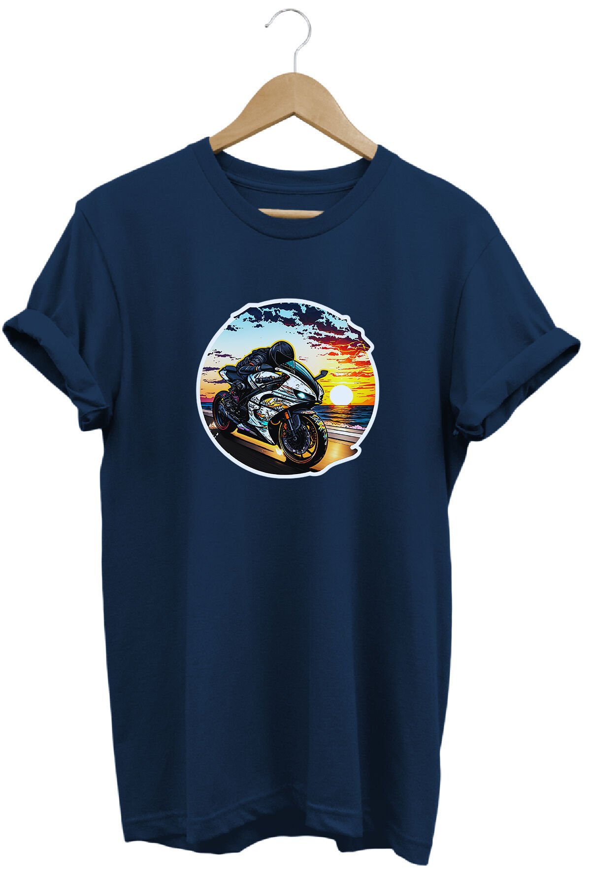 Unisex Motosiklet Temalı Grafik Baskılı Bisiklet Yaka Tişört T-shirt Lacivert - 3XL