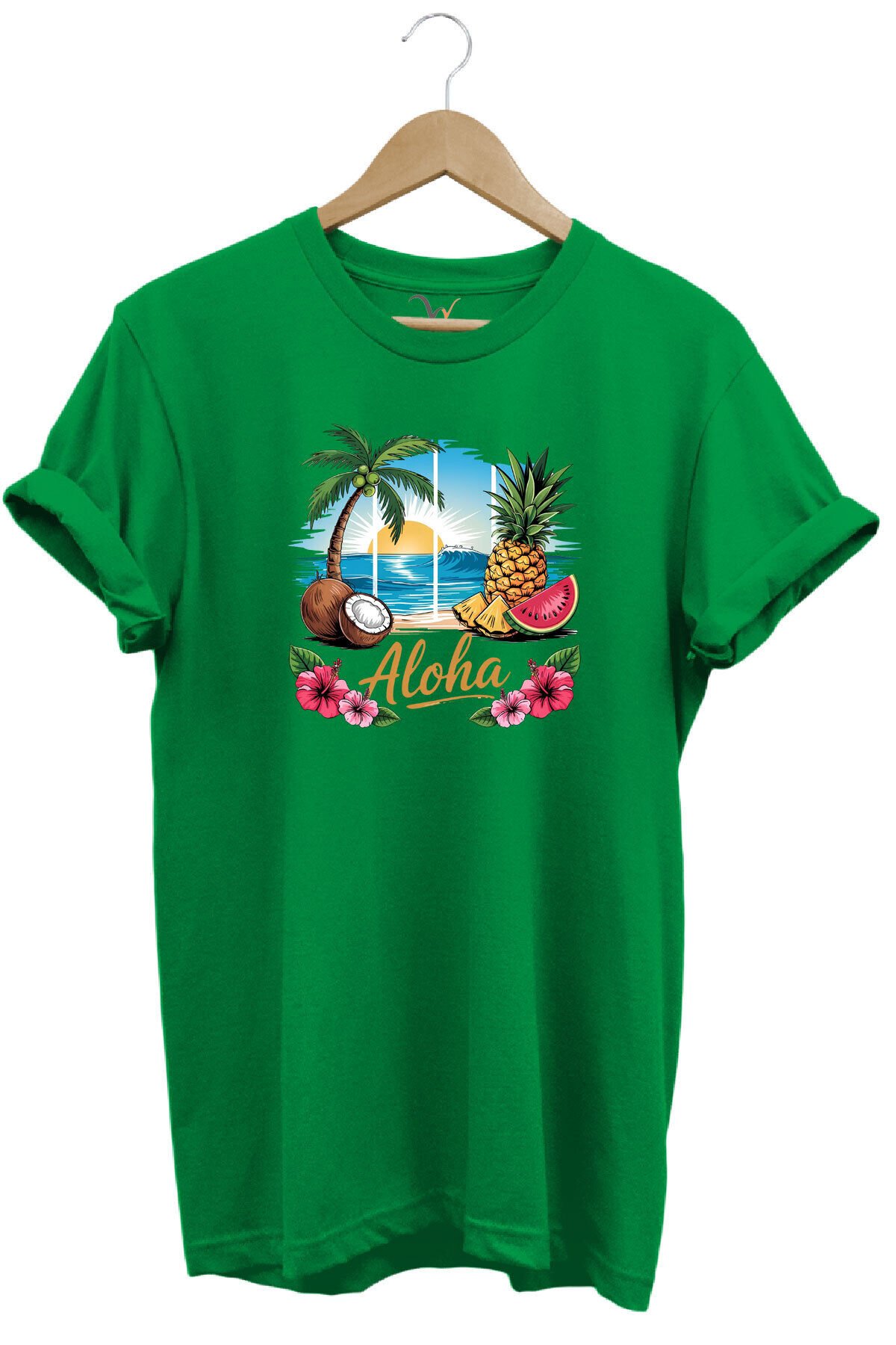 Summer Vibes Aloha Yazılı Hindistan Cevizi Yaz Kumsal Baskılı %100 Pamuk Unisex Regular Fit T-Shirt Yeşil - 3XL