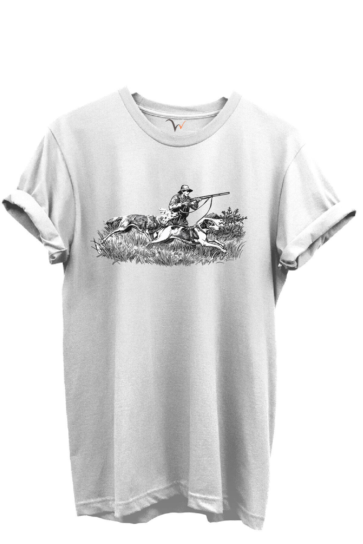 Outdoor Avcılık Avcı ve Tazı Köpek Desenli %100 Pamuk Regular Fit Bisiklet Yaka Unisex T-shirt Beyaz - XL