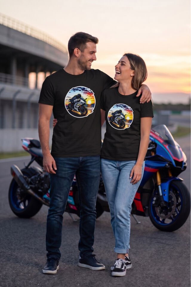 Unisex Motosiklet Temalı Grafik Baskılı Bisiklet Yaka Tişört T-shirt Lacivert - S