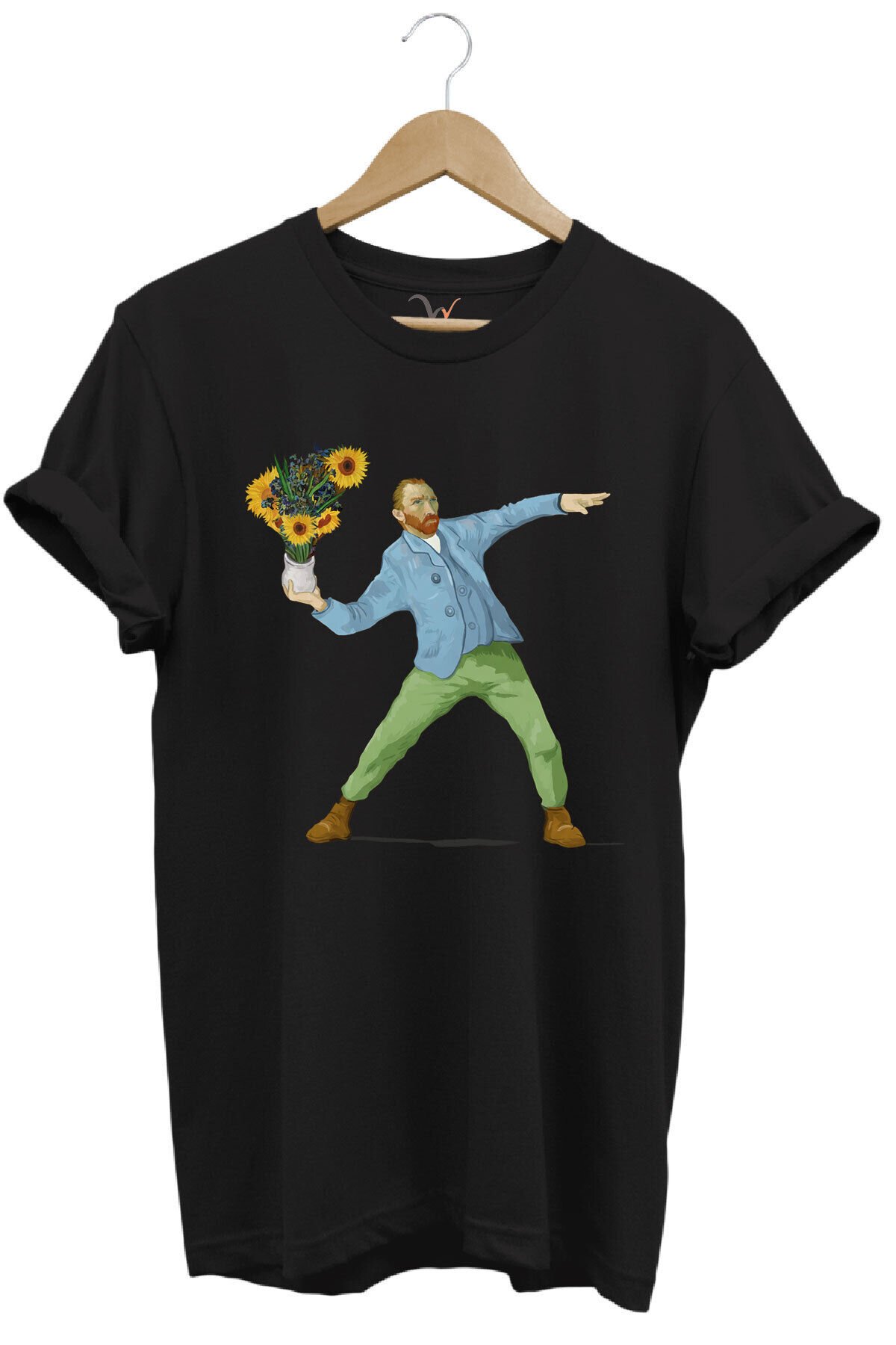 Sanatsal Portre Tasarım Baskılı ve Çiçekler %100 Pamuk Regular Fit Bisiklet Yaka T-shirt Siyah - 5XL