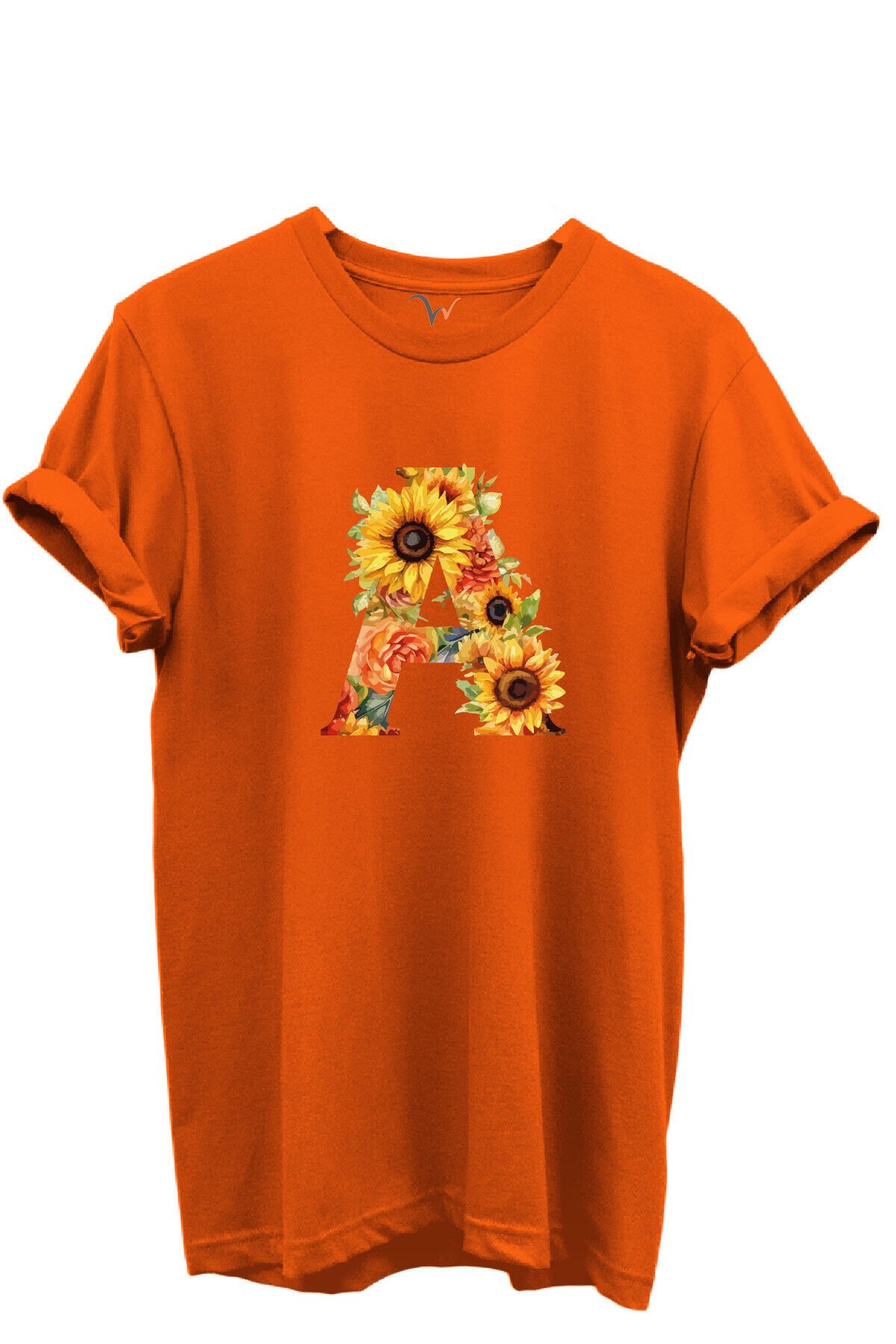 Ayçiçek Desenli “A” Harfi Baskılı %100 Pamuk Regular Fit Unisex T-Shirt Turuncu - XL