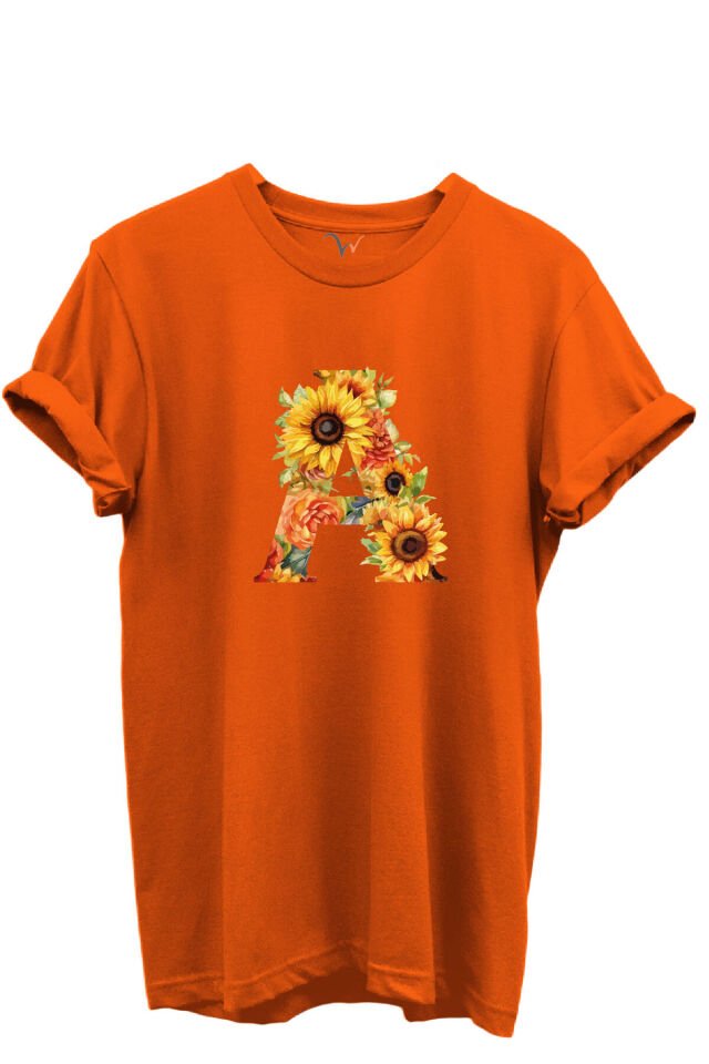 Ayçiçek Desenli “A” Harfi Baskılı %100 Pamuk Regular Fit Unisex T-Shirt Turuncu - XL