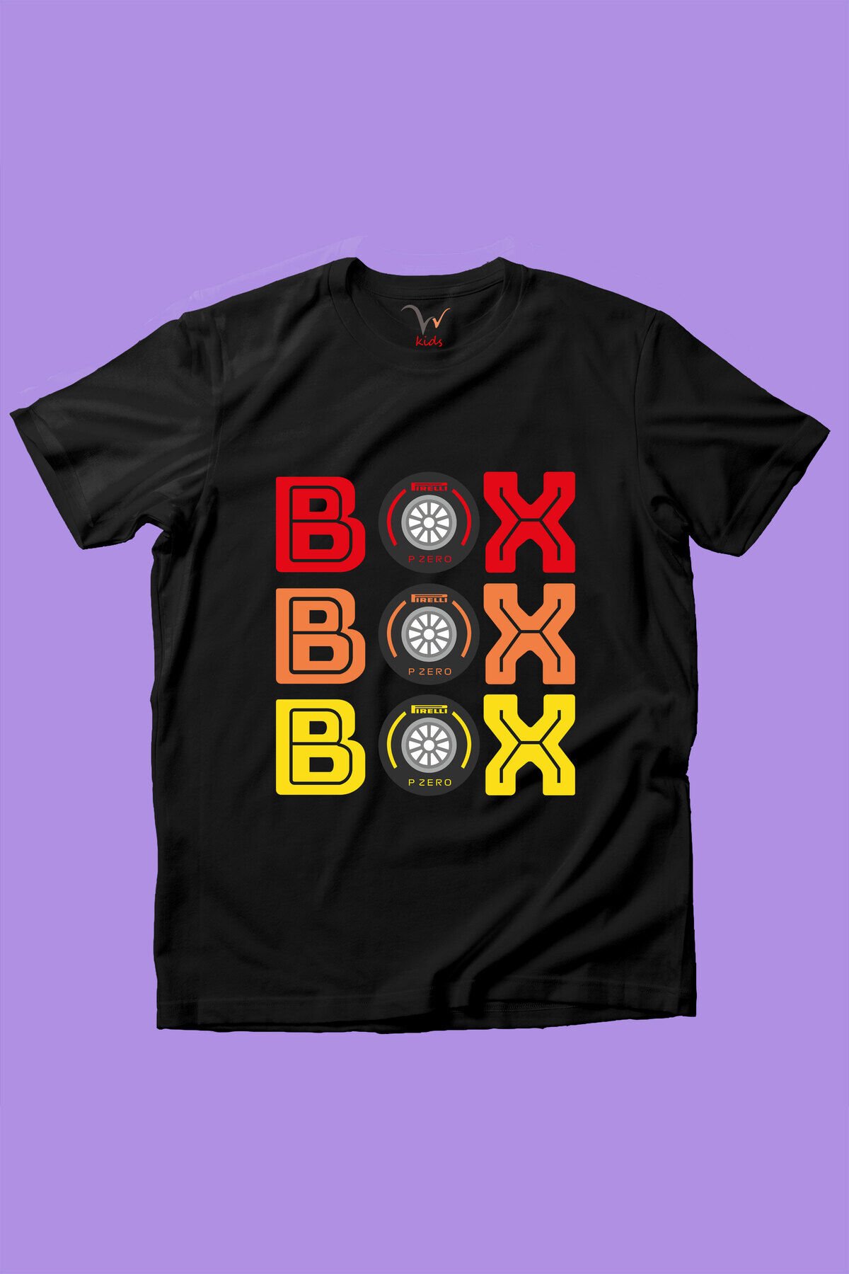 Box Box Box Yazılı Araba Tekerleği Detaylı F1 Yarış Kız Çocuk Erkek Çocuk Siyah T-shirt
