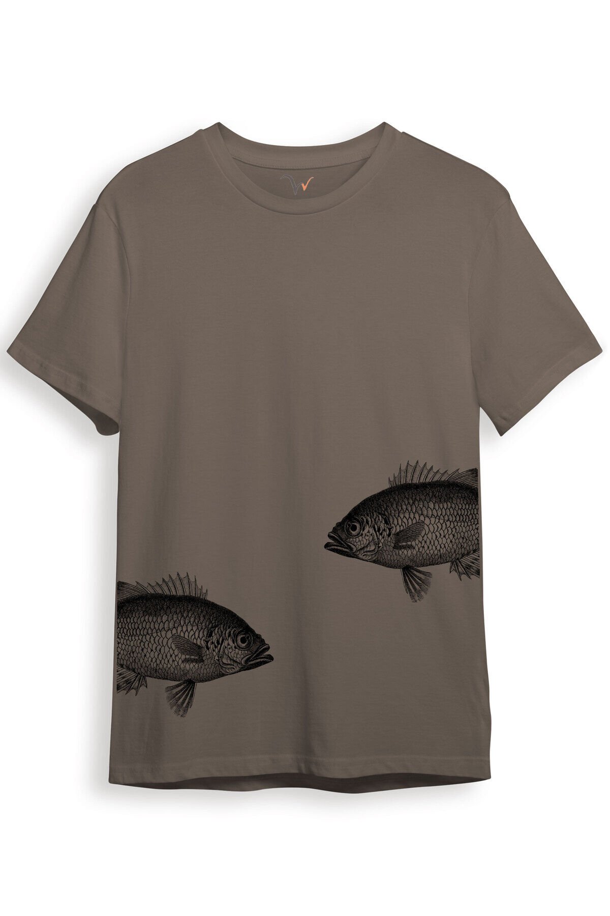 Sanatsal Balık Desenli Sade ve Modern Tasarım Dijital Baskılı %100 Pamuk Regular Fit Unisex T-Shirt Kahverengi - XL