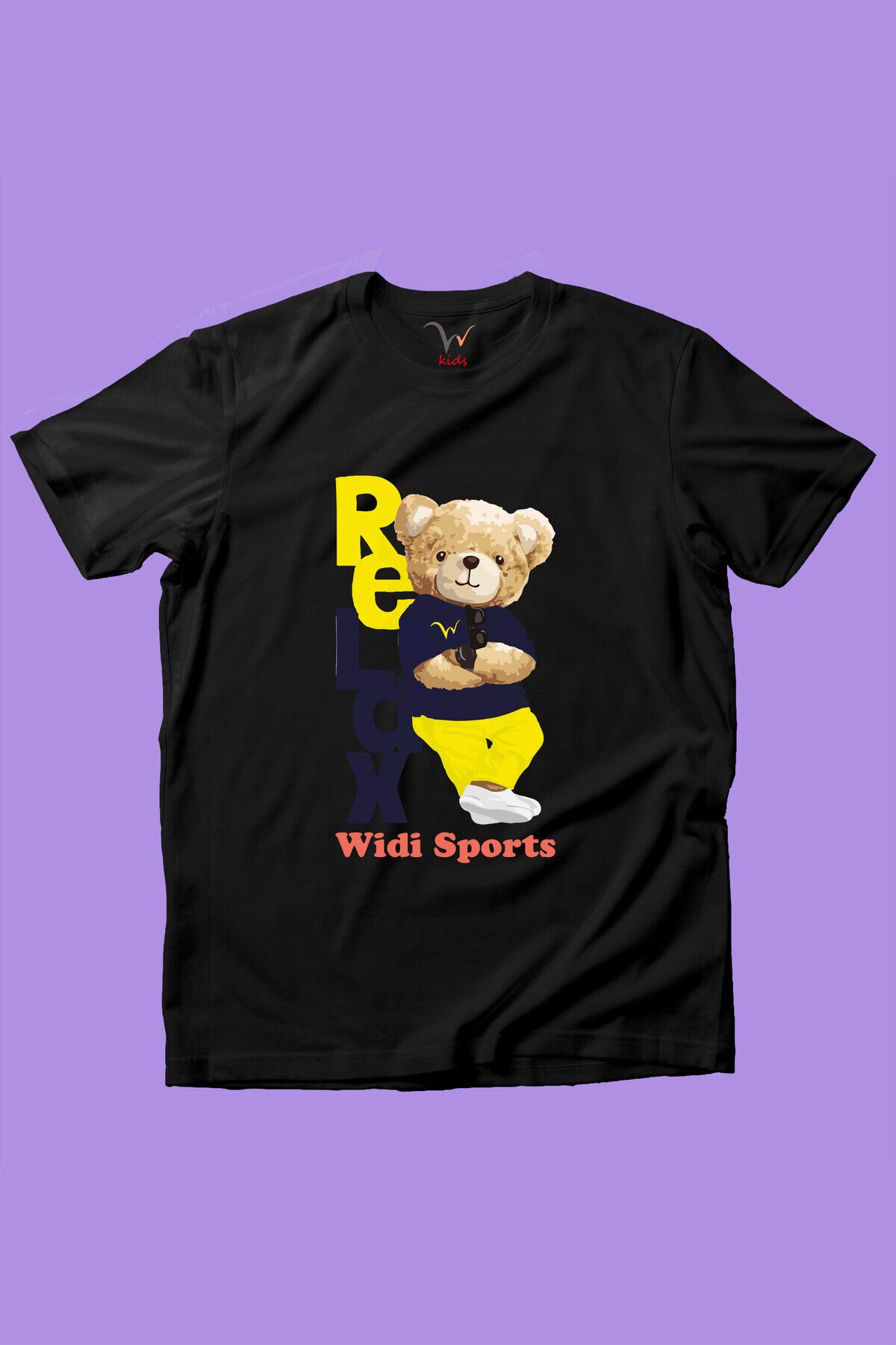 Sevimli Relax Tedy Ayı Baskılı %100 Pamuk Kız Çocuk Erkek Çocuk Siyah T-shirt