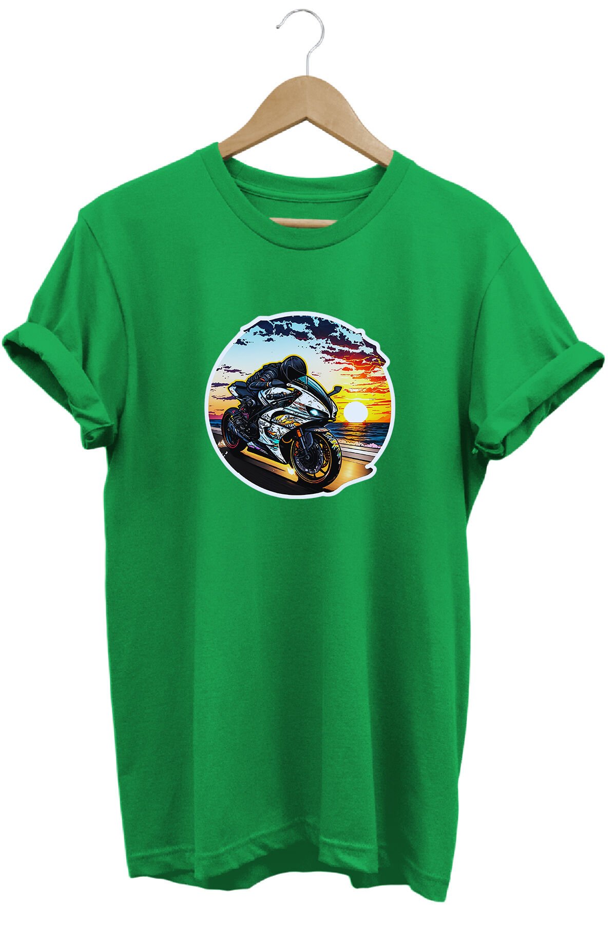 Unisex Motosiklet Temalı Grafik Baskılı Bisiklet Yaka Tişört T-shirt Yeşil - M