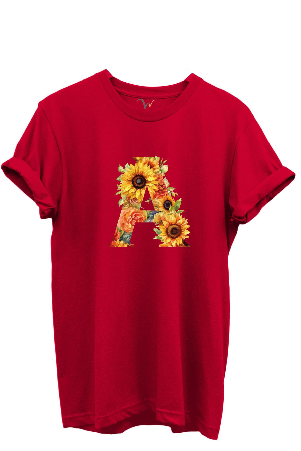 Ayçiçek Desenli “A” Harfi Baskılı %100 Pamuk Regular Fit Unisex T-Shirt Kırmızı - M
