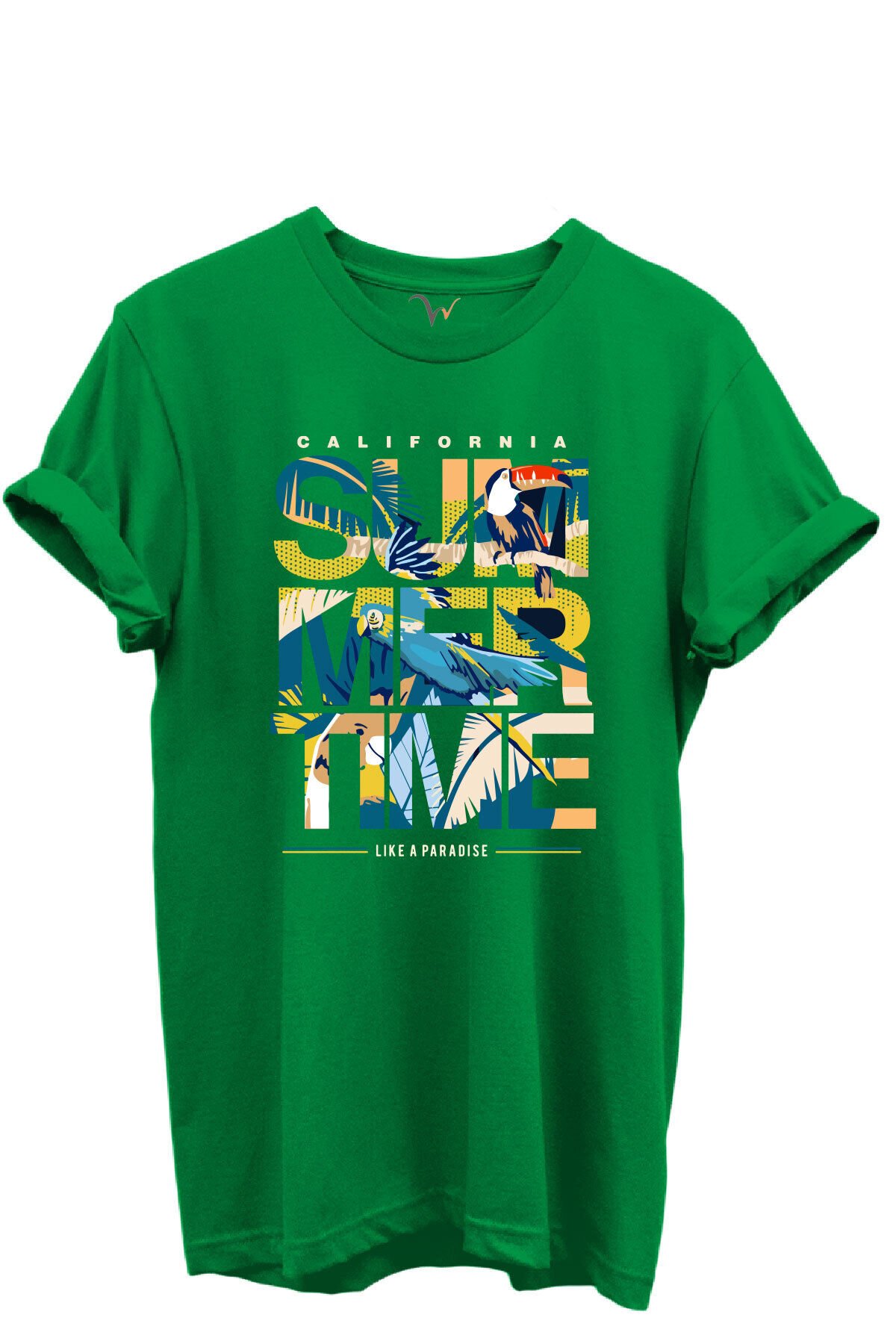 California Summertime ve Tropikal Papağan ve Palmiye Desenli %100 Pamuk Regular Fit Unisex T-Shirt Yeşil - XL