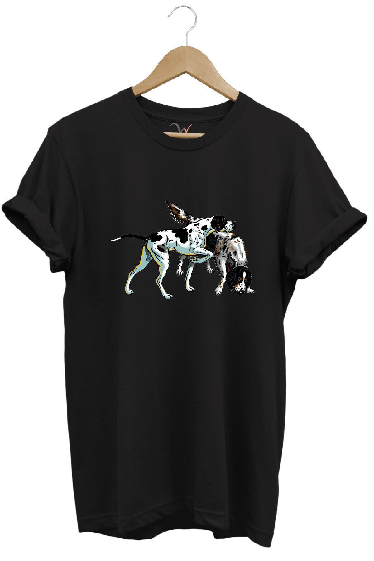 Avcılık Hunting Renkli Pointer Setter Köpekleri Baskılı %100 Pamuk Regular Fit Bisiklet Yaka T-Shirt Siyah - XL