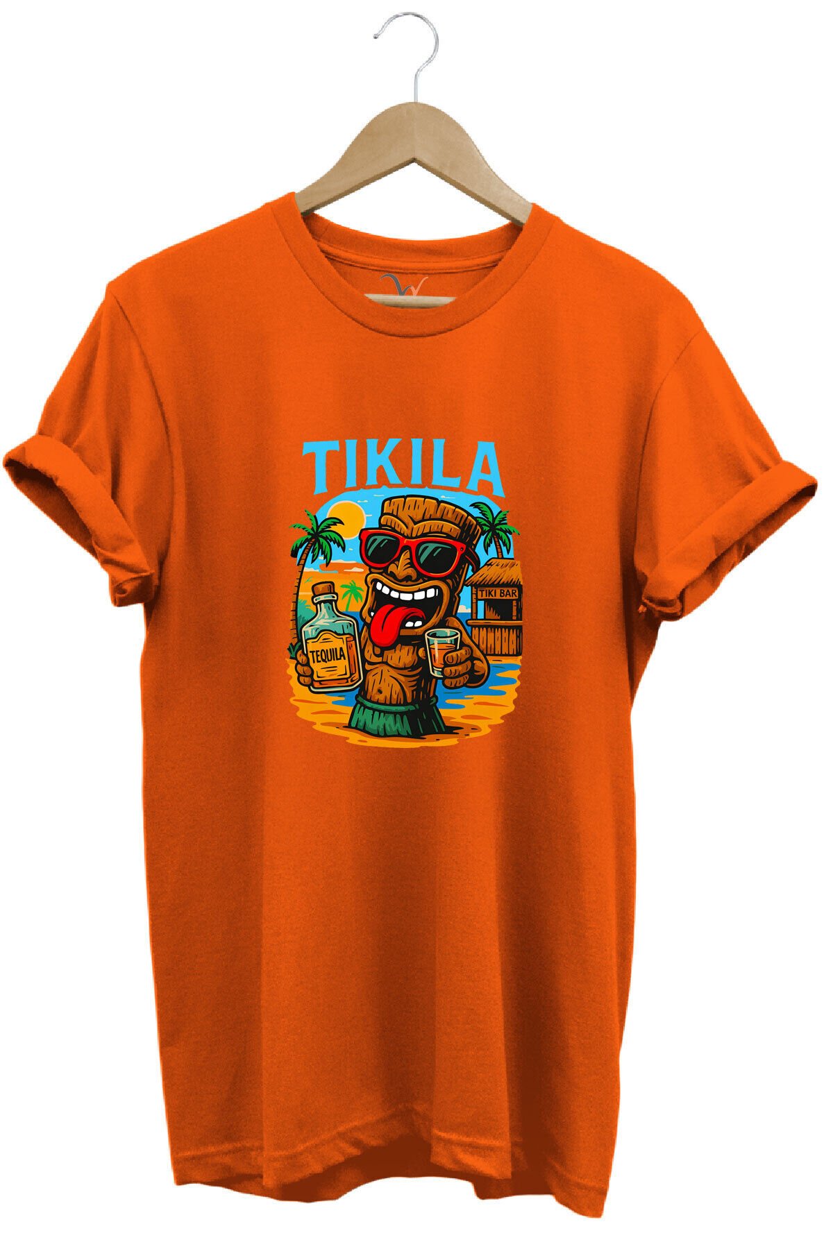 Summer Yazlık Tekila Yazı Baskılı %100 Pamuk Regular Fit Premium Mavi T-shirt Turuncu - 3XL