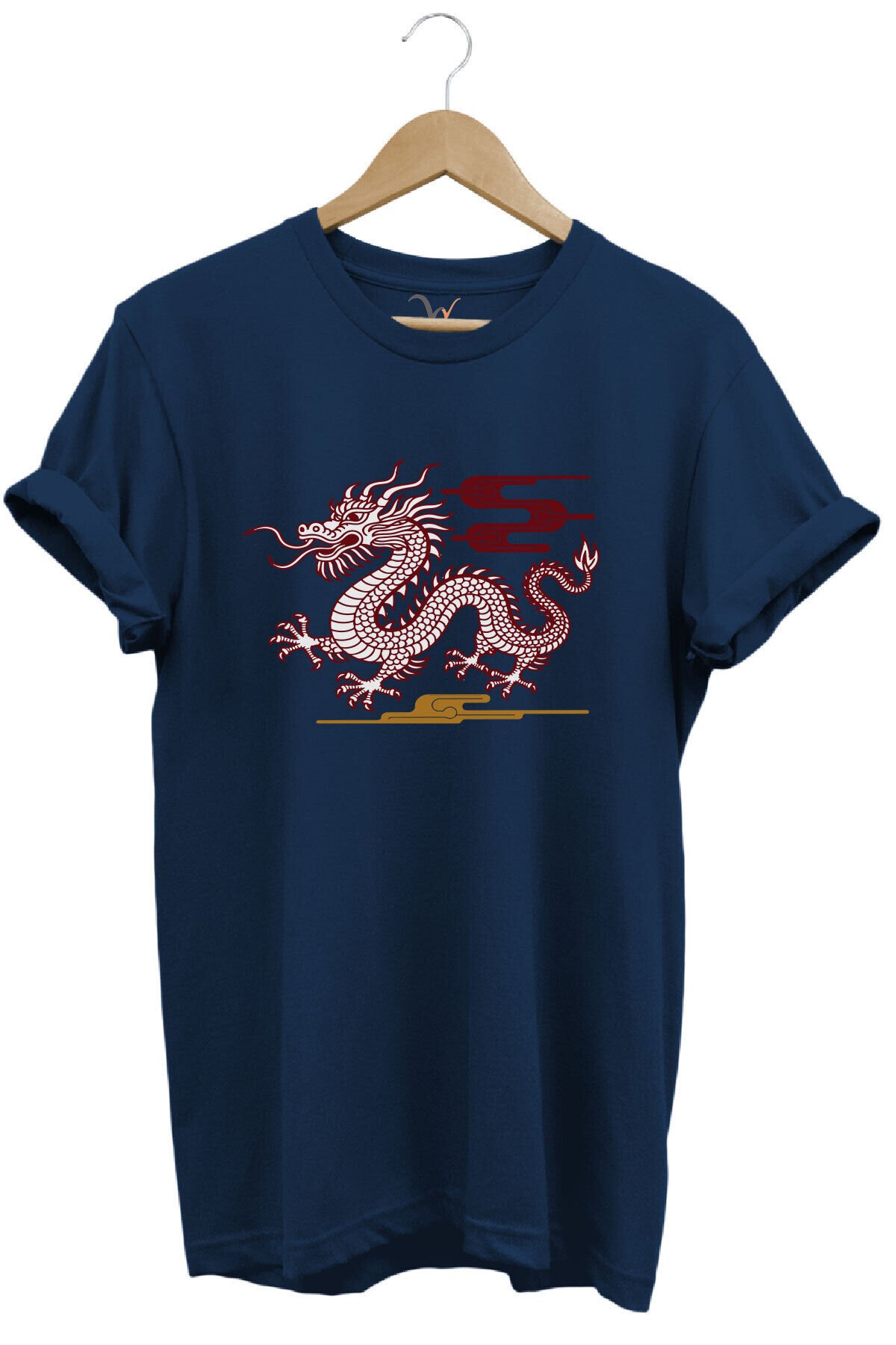 Mitolojik Asya Çin Ejderha Baskılı %100 Pamuk Regular Fit Bisiklet Yaka Gri T-shirt Lacivert - 4XL