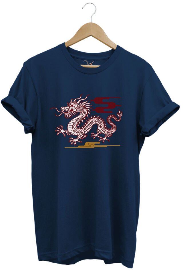 Mitolojik Asya Çin Ejderha Baskılı %100 Pamuk Regular Fit Bisiklet Yaka Gri T-shirt Lacivert - 4XL
