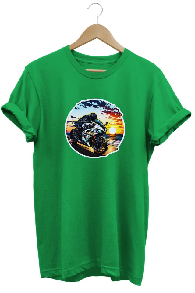 Unisex Motosiklet Temalı Grafik Baskılı Bisiklet Yaka Tişört T-shirt Yeşil - XL