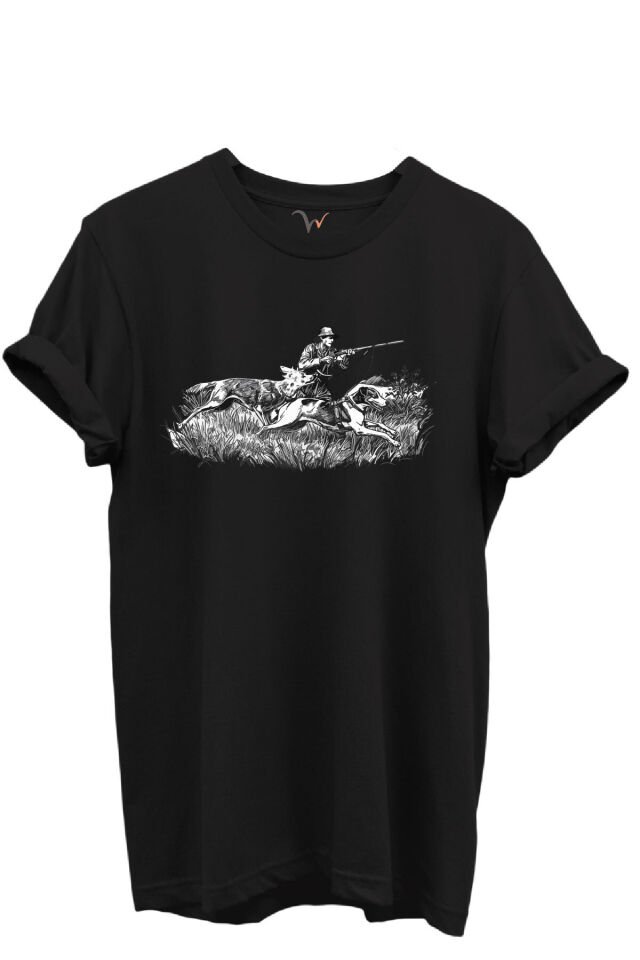 Outdoor Avcılık Avcı ve Tazı Köpek Desenli %100 Pamuk Regular Fit Bisiklet Yaka Unisex T-shirt Siyah - S