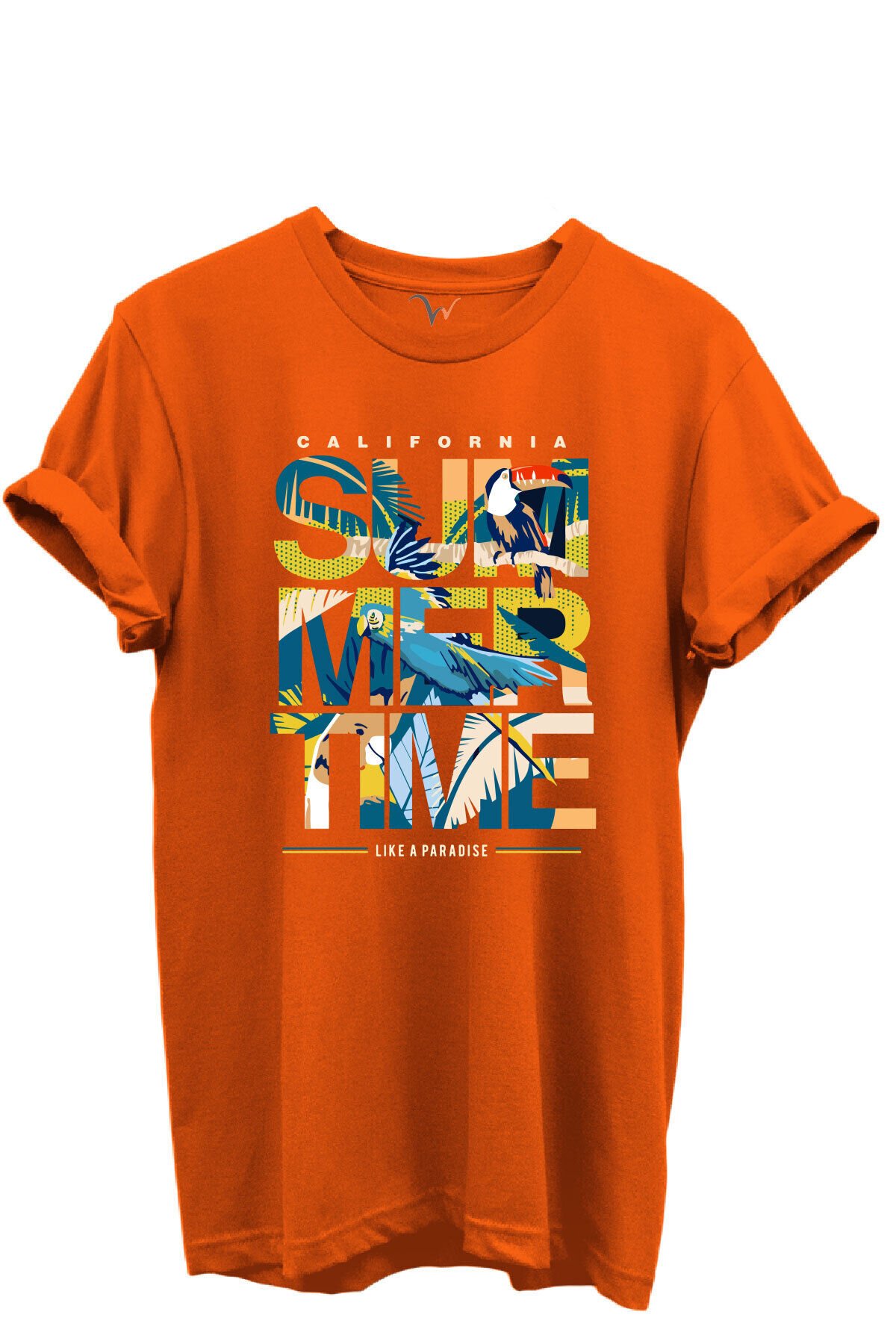 California Summertime ve Tropikal Papağan ve Palmiye Desenli %100 Pamuk Regular Fit Unisex T-Shirt Turuncu - M