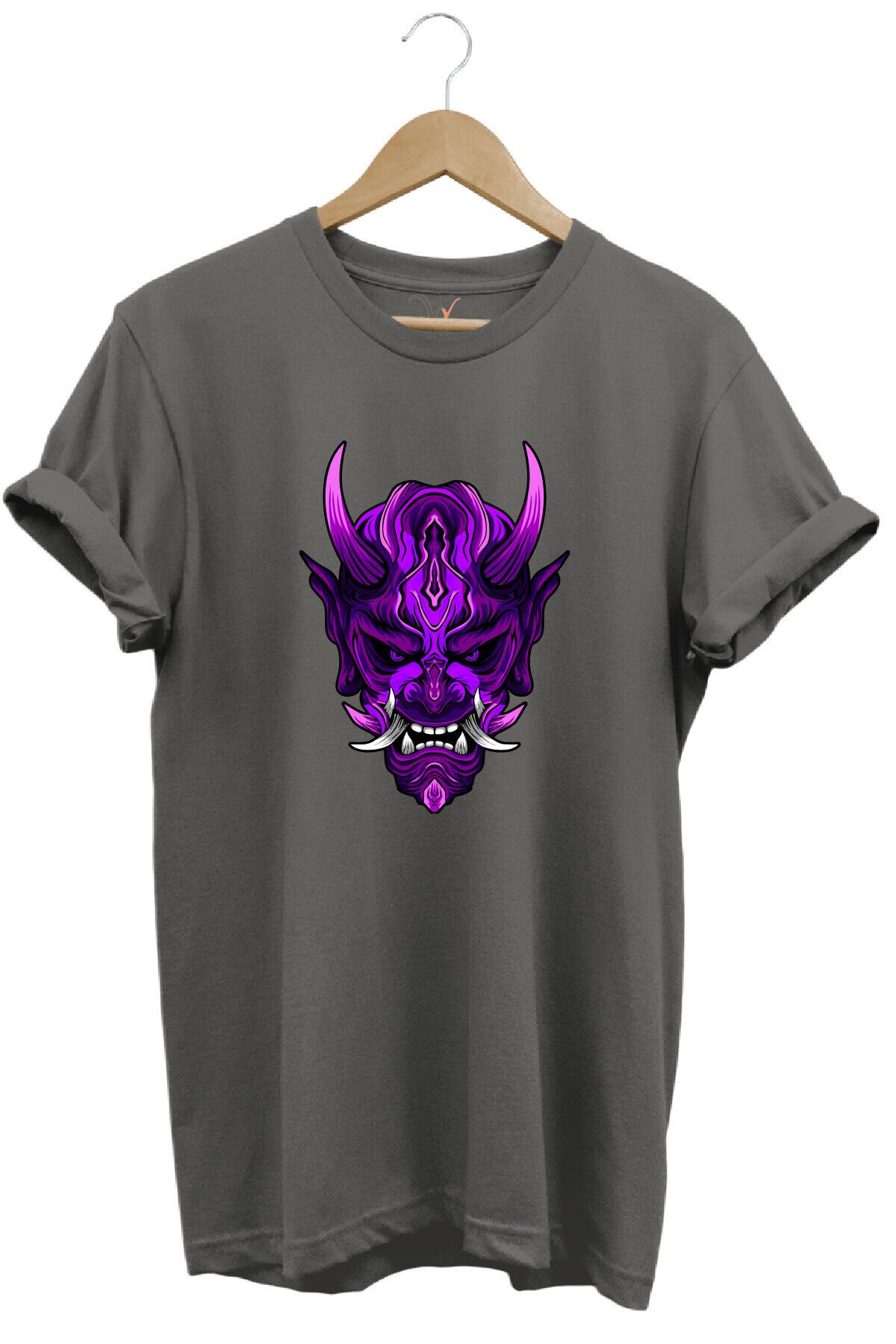 Anime Mor Kuru Kafa Baskılı %100 Pamuk Regular Fit Bisiklet Yaka Haki T-shirt Gri - L