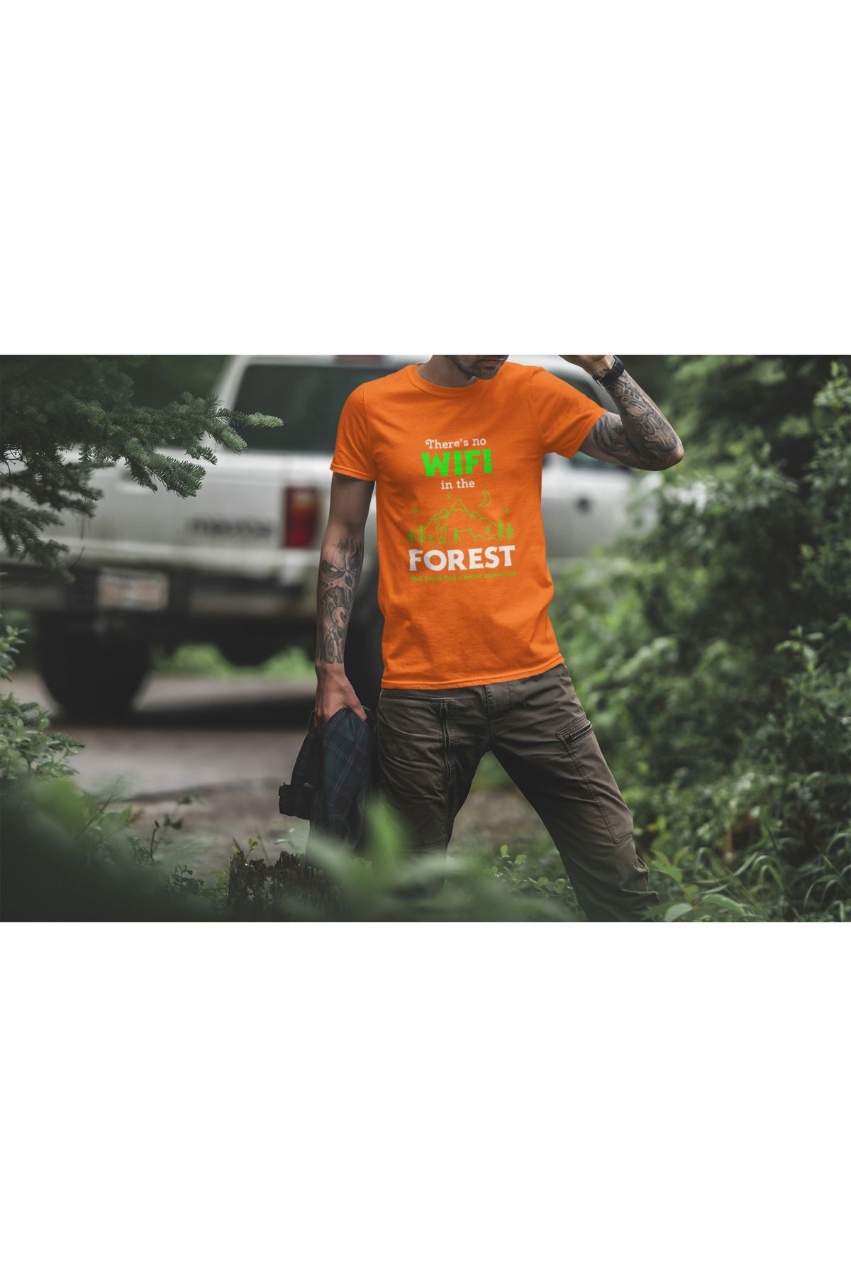 Outdoor Doğa Kamp No Wifi Tasarım Baskılı %100 Pamuk Regular Fit Beyaz T-shirt Turuncu - 2XL