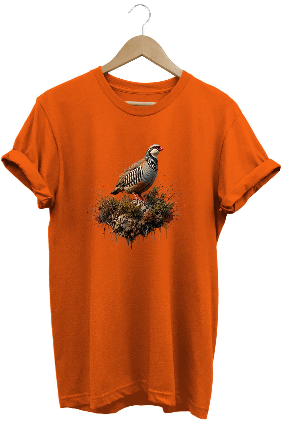 Keklik Kuşu Baskılı Arazi ve Doğa Tişörtü Outdoor Giyim Turuncu - L